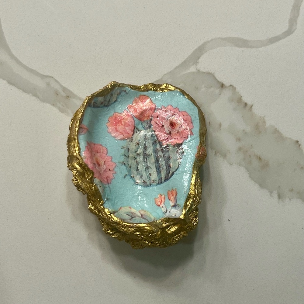 Floral Cactus Trinket Dish with Gold Accents